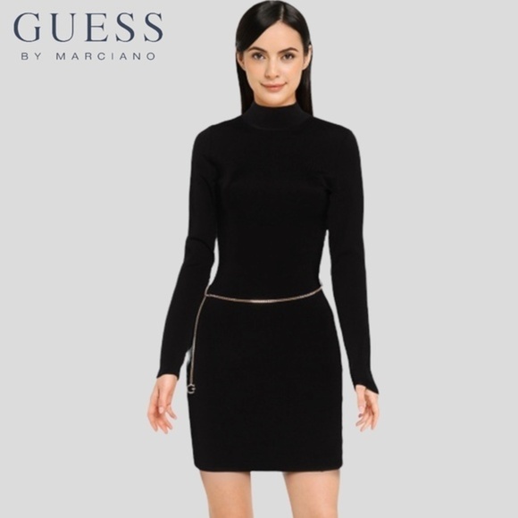 GUESS NWT Mariah Long Sleeve Mock Neck Open Back MiniDress w/Logo Chain Belt/XL - Picture 9 of 15